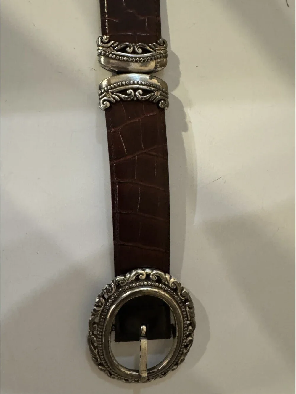 Vintage Brown Croc Embossed Leather Look Belt Silver Engraved Oval Buckle Women’